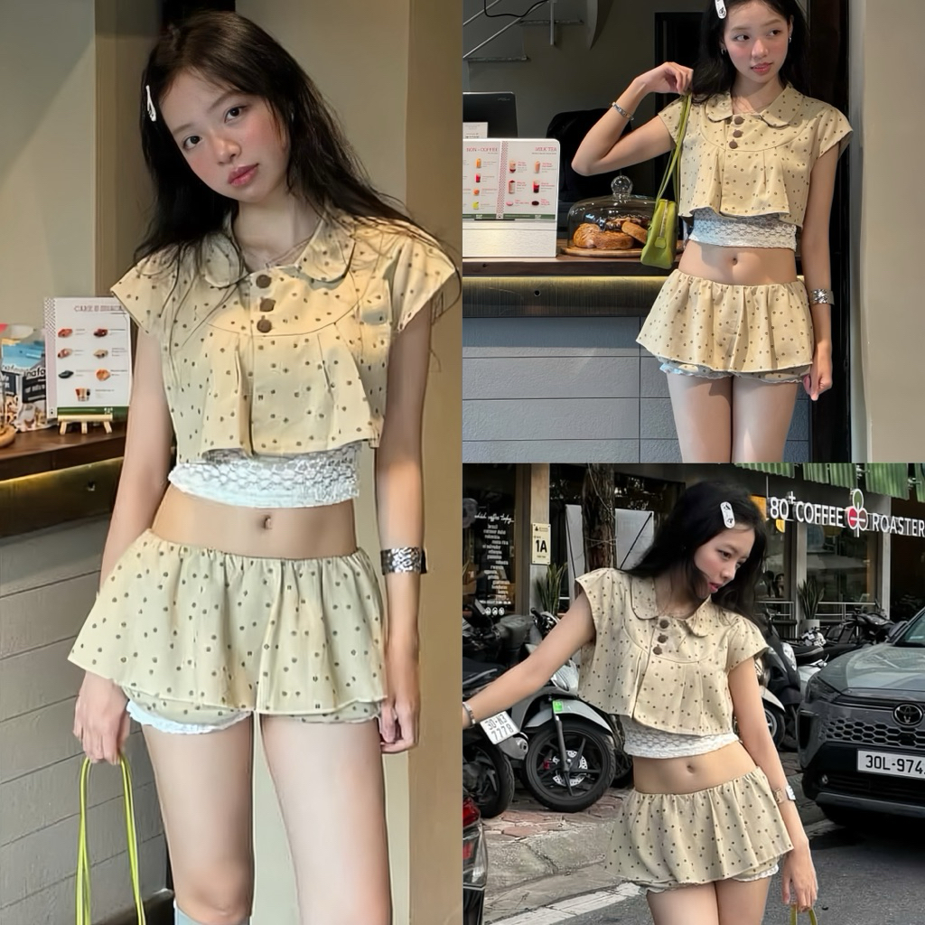 ชุดเสื้อครอปสั้นเข้ารูป 3 ชิ้นพร้อมเสื้อกล้ามลูกไม้นิ่มผสมกระโปรงสั้น ...