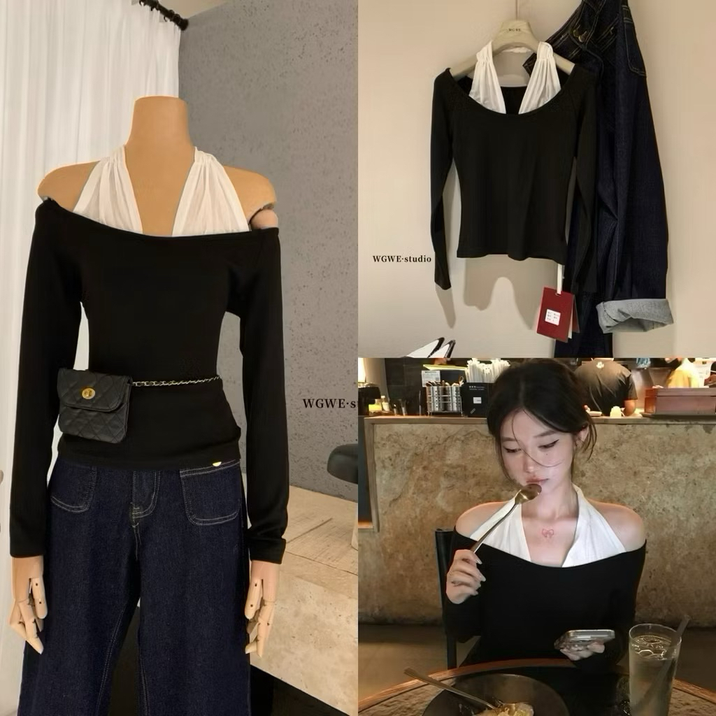 [มาตรฐาน WG.WE | เสื้อยืดเปิดไหล่สีดําพร้อม SPIRAL WHITE ...