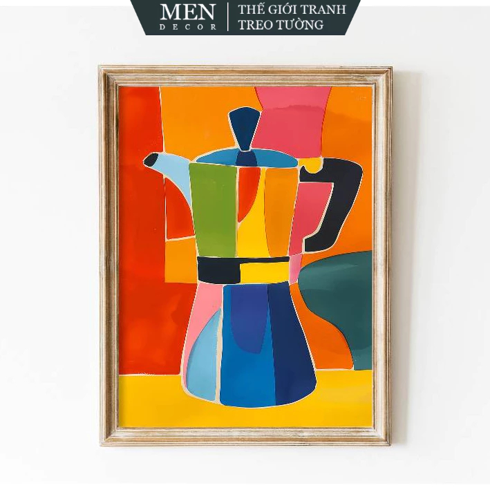ภาพวาดติดผนัง พิมพ์กาแฟ Moka Pot Italian สีสันสดใส พิมพ์ขออัพ มาพร้อมเล็บแขวนรูปภาพ